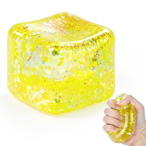 Image of Squishy Cube Ice Cube Squishy Stress Cube for Adults,Glitter Squishy Slow Rising Fidget Cube Sensory for Anxiety Stress Relief High Density Ice Squeeze Ball Cubes (Yellow)