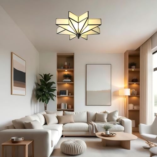 Image of LIGHTLAND 19.7 Inch Flush Mount Star Ceiling Light, 4 Lights Brass Ceiling Lamp with Glass Lampshade, Art Deco Close to Ceiling Light Fixtures for Bedroom Living Room Entryway Hallway, Black