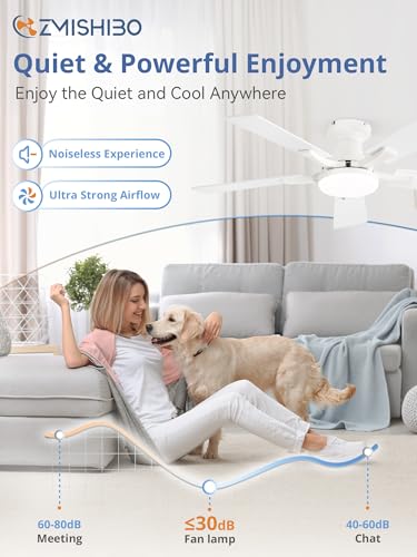 Image of ZMISHIBO 42 Inch Ceiling Fan with Light, App&Remote Control, Flush Mount Low Profile, Dimmable 20W LED Light, Quiet Reversible Motor for Bedroom, Living Room, Apartment, White
