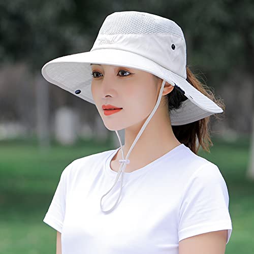 New Women Ponytail Outdoor Sun Protection Fishing Hats Wide Brim Bucket Cap Breathable Packable Hiking （Gray） (Beige) #TOP1