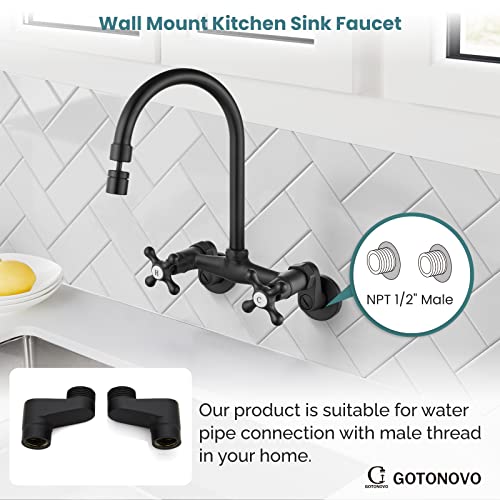Matte Black Wall Mount Kitchen Sink Faucet 6 Inch Center Adjustable Hole Distance Mixer Tap 360 Degree Swivel Spout Double Cross Handle #TOP1