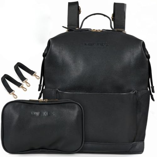 MIIK Kids Wickelrucksack 4 teiliges SET mit mobiler Wickelunterlage, 2 Kinderwagen Halterugen und Mommy Bag Gross Wasserabweissend Rucksack Damen Baby Schwarz Wickeltasche Organizer