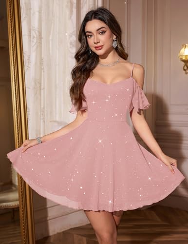 Image of Meetjen Women's Short Cocktail Dresses for Teens Formal Homecoming Sparkly Off Shoulder Tulle Sequin Prom Party Dress