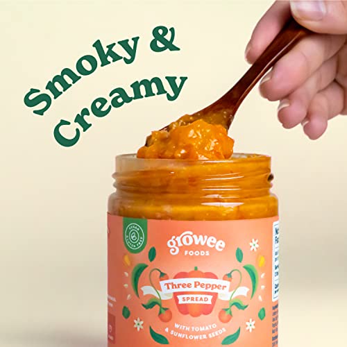 Growee Foods Vegan Three Pepper Dip and Spread (Mild) | Made from Red, Yellow, Green Peppers, Tomatoes and sunflower seeds | Plant-based, Non-GMO, Gluten-free, Tree Nut-free | Put on Crackers, Wraps, Sandwiches | - 9 oz