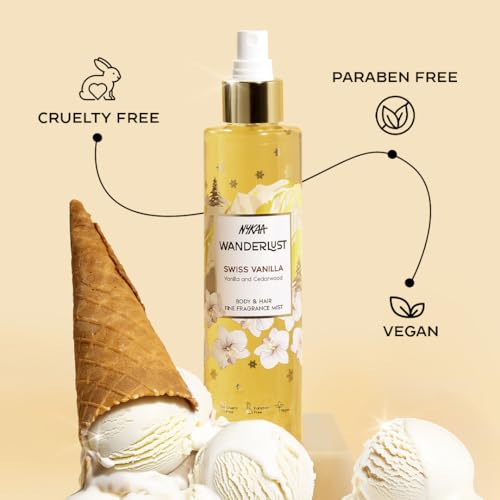 Image of Nykaa Wanderlust Swiss Vanilla Fragrance Mist, Vanilla and Cedarwood Scent, Body and Hair Spray, Hydrating and Refreshing, Vegan and Paraben Free, 200ml