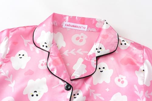 Pink Ghosts Halloween Satin Pajamas for Big Girls Silk Button Down Short Sleeve & Pants PJS Clothes Size 8-162