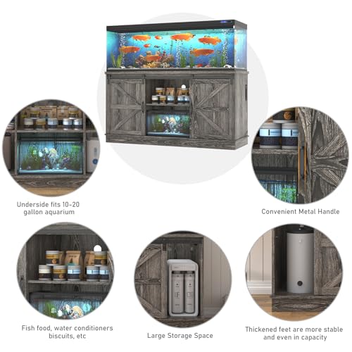Image of Hlivelood Farmhouse 75-120 Gallon Fish Tank Stand with Power Outlet, Aquarium Stand w /Cabinet&Sliding Barn Door, Heavy Duty Reptile Tank Stand for Fish /Turtle /Reptile Terrarium, 1000LB Capacity, Grey