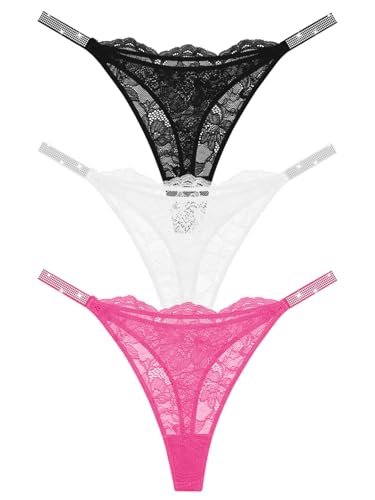 DHFBABY Sexy Thongs for Women Breathable Lace Underwear Rhinestones Strap G-String Stretch Panties Thong (US, Alpha, Large, Regular, Regular, Black+White+Pink)