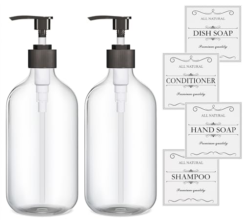 2PCS Clear Dish Soap Dispenser for Kitchen with Rust Proof Pump (16 Oz), Premium Hand Soap Dispenser for Bathroom, Plastic Liquid Soap and Lotion Dispenser/Bottles Set, Waterproof Labels