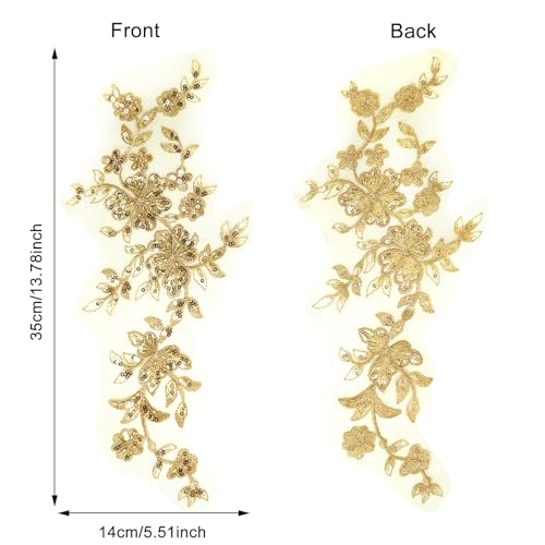 levylisa 1 Pair Gold 3D Lace Applique, Sew on Flower Bead Fabric Patches Embroidered Trim for Wedding Dress Decor DIY Sewing Clothing 12.6" x 4.3"Inch by levylisa - Image 2