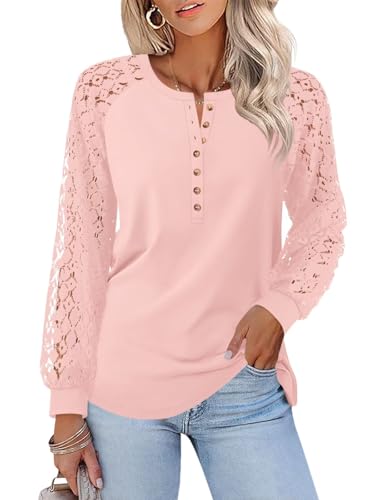 Women's Lace Long Sleeve Shirts Henley Crewneck Tops Business Casual Fall Blouses