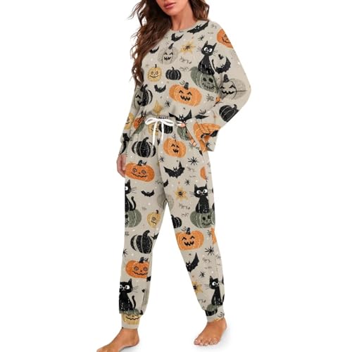 Image of Womens Lounge Set Long Sleeve Soft Pajama Sets | Casual 2 Piece Pj Outfit, Crewneck Sleepwear with Pockets, Adjustable Drawstring, Soft Comfy Fall Pajamas, Plus Size