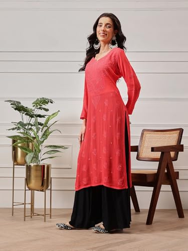 Image of Ada Hand Embroidered Lucknowi Chikankari Viscose Georgette Kurta Kurti for Women A411185