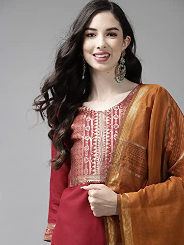 Image of INDO ERA Women's Cotton Blend Yoke Design Straight Kurta with Pant & Dupatta Set