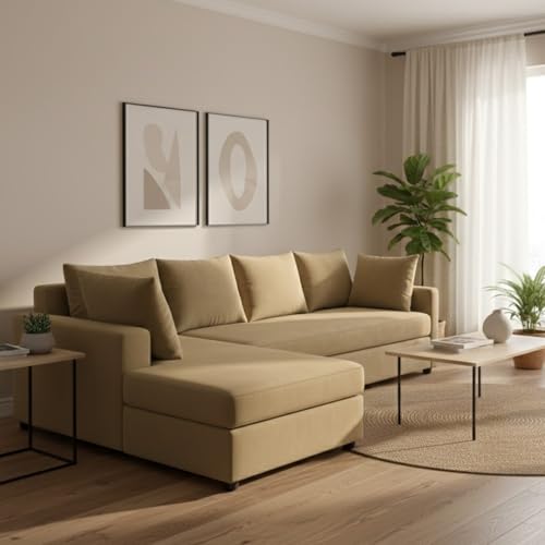 Image of FURNY Georgia 6 Seater Fabric LHS L Shape Sofa Set (Beige) - Premium Velvet Finish - Durable Comfort - Ideal for Living Room