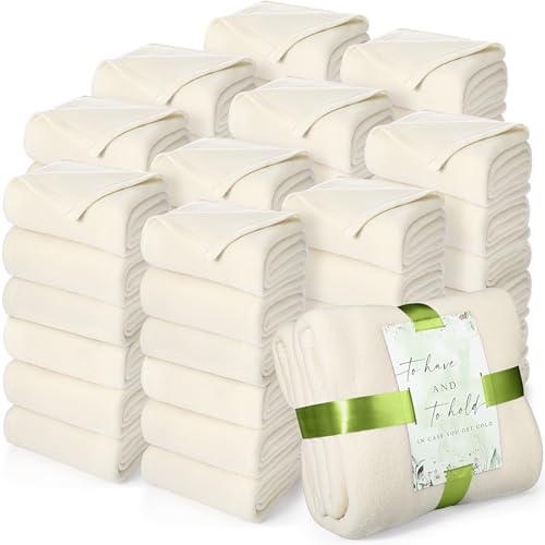 Buryeah 60 Pack Oeko-Tex Certified Wedding Flannel Throw Blanket Bulk 50 x 60 Inch Soft Fleece Lap Blanket with Thank You Cards Ribbon for Guests Sleepover Spa Slumber Gifts (Cream White)