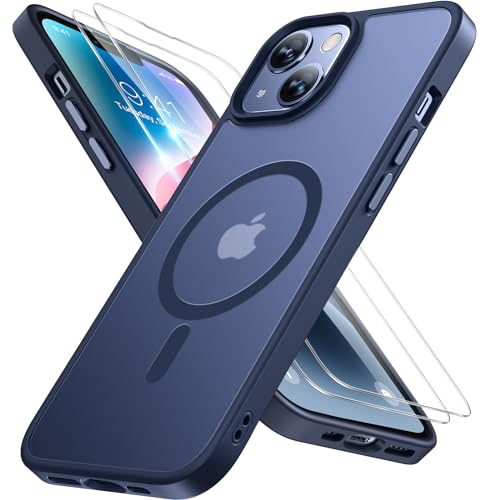 Image of Miracase Magnetic for iPhone 14 Plus Case 6.7 inch (Compatible with MagSafe)(with 2X Screen Protectors) Military-Grade Protection, Anti-Fingerprint Translucent Matte Phone Case Cover, Dark Blue