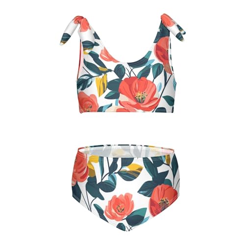 KLL Floral Pattern Red Roses Girl Two Piece Bikini Set Scoop Neck Swimsuits Swimwear Adjustable Shoulder Strap