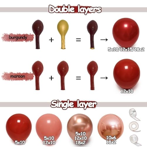 Image of Red Pink Balloon Garland Double Stuffed Burgundy Pink Balloons Dark Red Maroon Rose Gold Balloon Arch Kit for Birthday Bridal Wedding Birthday Mother's Day Graduation Party Decoration