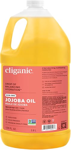 Cliganic Jojoba Oil ,100%, Non-GMO, Cold Pressed for Face, Hair&amp;Skin, 128oz