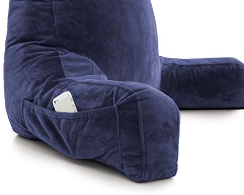 XXL Husband Pillow Dark Blue Backrest with Arms - Adult Reading Pillow Shredded Memory Foam, Ultra-Comfy Removable Microplush Cover & Detachable Neck Roll, Unmatched Support Bed Rest Sit Up Pillow