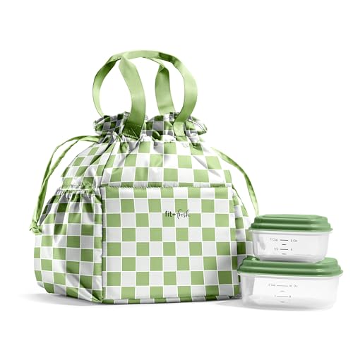 Fit & Fresh Cromwell Drawstring Lunch Bag for Women, Complete Lunch Set with 2 Containers, Stain-Resistant, Leak-Resistant, Back to School Essential, Teacher Lunchbox, Pistachio Checker Board
