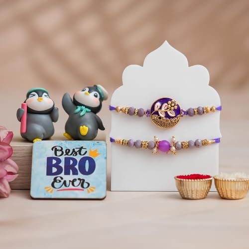 Image of eCraftIndia Purple Designer Rakhi for Brother with Cute Penguin Showpiece, Best Bro Ever Fridge Magnet & Roli Chawal Pack | Raksha Bandhan Gift Set for Bhai, Bhaiya, Brother