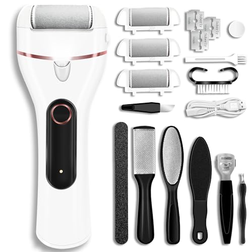 Jamestry Callus Remover for Feet, Electric Foot Callus Remover Waterproof with 3 Rollers 2 Speed Battery Display,17 in1 Rechargeable Foot File Pedicure Kits for Dead Hard Cracked Dry Skin（White