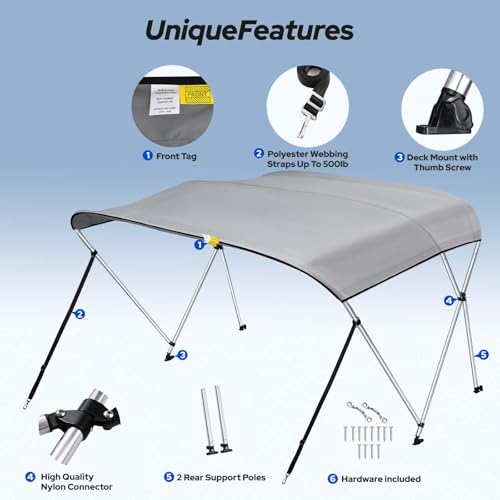 Image of KAKIT Bimini Tops for Boats 1200D (3 Bow 6'L x 46 inch H x 61 inch-66 inch W,Grey)