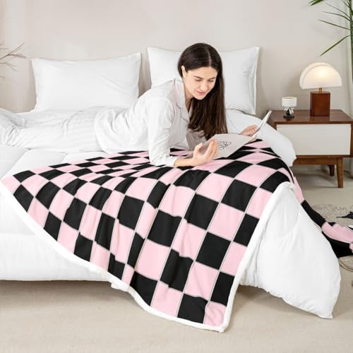 Image of Erosebridal Plaid Fleece Blanket 40 inchx50 inch Pink Black Checkerboard Sherpa Blanket Geometric Checkered Fuzzy Plush Throw for Kids Boys Girls,Aesthetic Grids Decor for Bed Couch