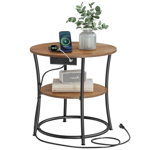 VASAGLE Side Table, 2-Tier Round End Table with Power Outlets, Nightstand with Steel Frame for Small Spaces, Living Room, Bedroom, Honey Brown and Ink Black ULET077K02 Honey Brown + Ink Blac