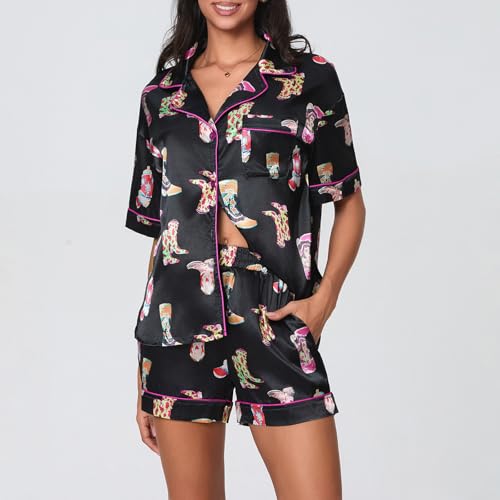Image of Yiulangde Women's Easter Pajamas 2 Piece Sets Satin Short Sleeve Preppy Easter Eggs Bunny PJs Outfit Button Up Loungewear Set