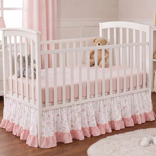 Image of Hahafelt Pink Crib Skirt for Baby Girls Boys, 100% Washed Cotton Bed Skirt