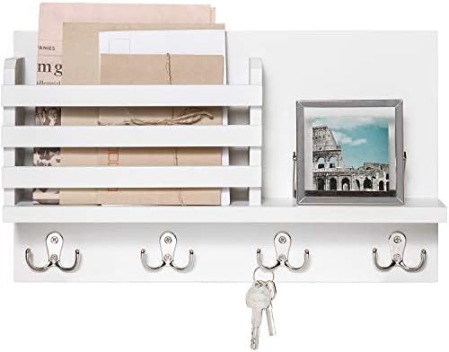 Dahey Wall Mounted Mail Holder Wooden Key Holder Rack Mail Sorter Organizer with 4 Double Key Hooks and A Floating Shelf Rustic Home Decor for Entryway or Mudroom,15.8" W x9.5 "Hx2.7 "D, White