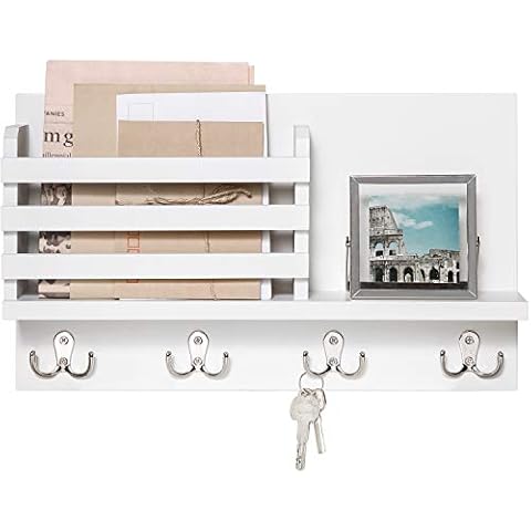 Dahey Wall Mounted Mail Holder Wooden Key Holder Rack Mail Sorter Organizer with 4 Double Key Hooks and A Floating Shelf Rustic Home Decor for Entryway or Mudroom,15.8" W x9.5 "Hx2.7 "D, White Cover