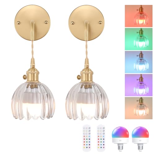 Image of Shenmoyl Battery Operated Wall Sconce with Clear Tulip Shade Pattern Glass Adjustable Chain Retro Gold Wall Mounted Light, Modern Wall Decor for Bedside Bedroom Indoor Doorway, Set of 2