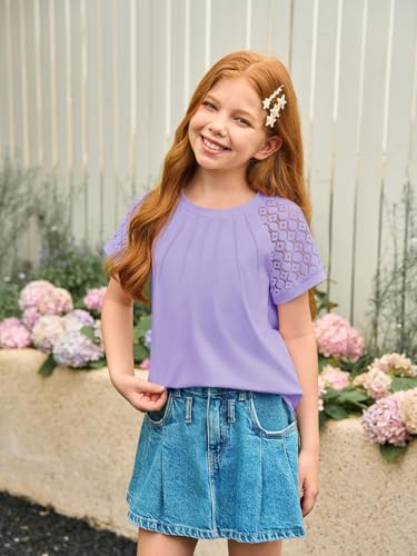 Image of Girls Pleated T Shirts Kids Fashion Lace Sleeve Summer Tops Casual Crewneck Blouse 5-14 Years