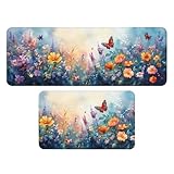 XUYINGA 2 Piece Spring Floral Kitchen Decor Rugs Set, Wildflower Flower Blossom Butterfly Kitchen Rugs and Mats Non Skid Washable Absorbent Kitchen Accessories Decoration Floor Mats 17'x47'+17'x30'