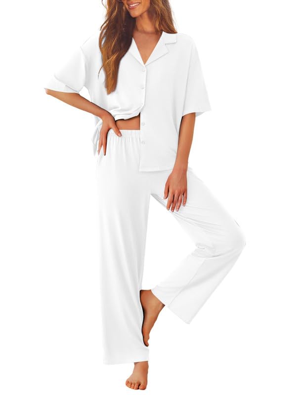Ekouaer Women Pajamas Set Button Down Sleepwear Short Sleeve Pjs Soft Comfy Nightwear with Long Pants White M
