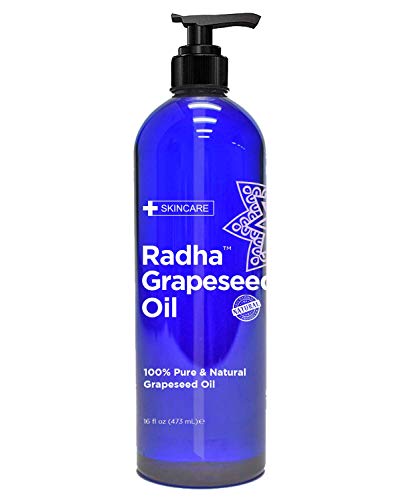 Radha Beauty Grapeseed Oil - 100% Natural Carrier Oil (16 oz.) with Pump for Skincare, Aromatherapy, and Massage. Moisturizing Vitamin E Nutrient Rich Treatment for Dry Skin, Hair & Nails