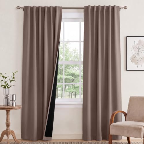 NICETOWN Blackout Bedroom Window Curtains with Back Tab and Rod Pocket, Noise Reduction and Privacy Curtains for Patio Door, Black Lined Blackout Drapes with Top, Cappuccino, 1 Pair, W52 x L84