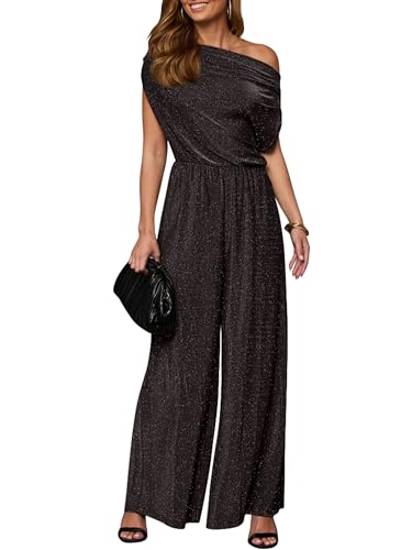 YMDUCH Women's Casual Off Shoulder Short Sleeve Wide Leg Long Pant Elegant Sparkly Party Jumpsuit Black Sparkly