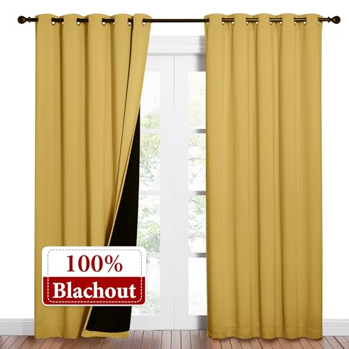 Image of NICETOWN Bright Yellow Full Shade Curtain Panels, Pair of Energy Smart & Noise Blocking Out Blackout Drapes for Dining Room Window, Thermal Insulated Guest Room Lined Window Dressing, 62 x 84 inch