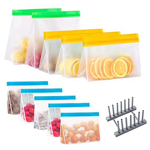 HOMEREVEL Paquete de 10 bolsas reutilizables para almacenamiento de alimentos y congelador (4 bolsas de almuerzo + 3 bolsas de sándwich + 3 bolsas de aperitivos + 1 estante seco) , bolsas con