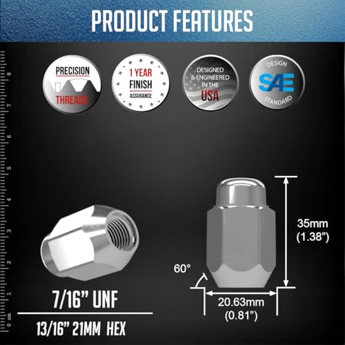 Image of Wheel Accessories Parts 20 Pcs 7 /16 inch-20 Thread Acorn 35mm 1.38 inch Long Lug Nuts Chrome 13 /16 inch 21mm Hex Fits Many Classic Chevrolet, Buick, Pontiac Vehicles