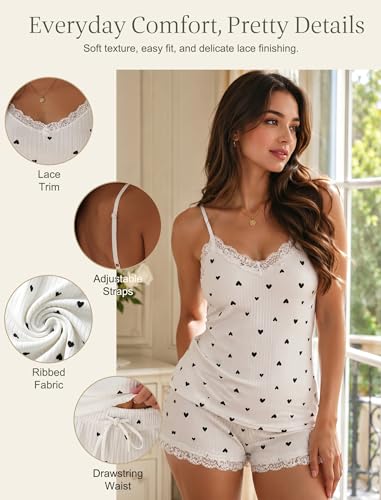 Image of Girece Cami Pajama Set for Women Ribbed Lace Trim 2 Piece Pajamas with Shorts Adjustable Strap Pjs Set Soft Lounge Sleepwear