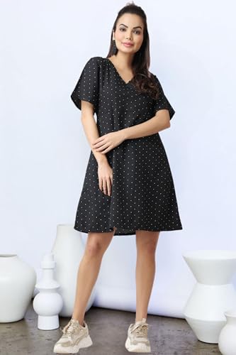 Image of POPWI1NGS Casual Printed V-Neck Short Sleeves Knee-Length Fit and Flare Dress for Women || Frokc-Style Summer Wear Dresses for Women || Loose-Fit Comfortable Women Dress for Regular Wear
