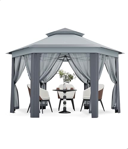 Hipicute 13 x 13 Ft Pop Up Hexagonal Gazebo, Outdoor Canopy Shelter, Pop up Gazebos Tent with Netting and Strong Steel Frame for Patio Lawn Backyard and Deck - Gray