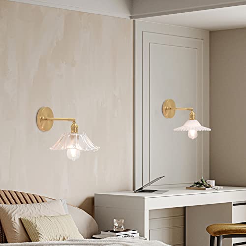 Shenmoyl Vintage Modern 1 Light Wall Sconces With Clear Flower Glass Lampshade 180 Degree Adjustable Brass Sconces Wall Lighting Fixture With Switch For Bedside Bedroom Doorway #TOP4