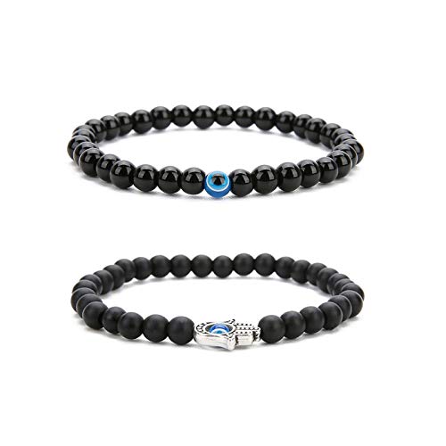 COLORFUL BLING Lucky Evil Eye Blue Beaded Charm Stretch Bracelet Black Agate Beads Gemstone Lava Stone Evil Eye Bracelet for Unisex